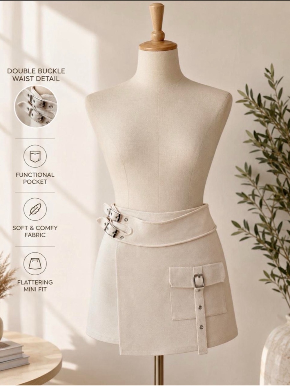 Double Buckle Cream Mini Skirt with Pocket Detail
